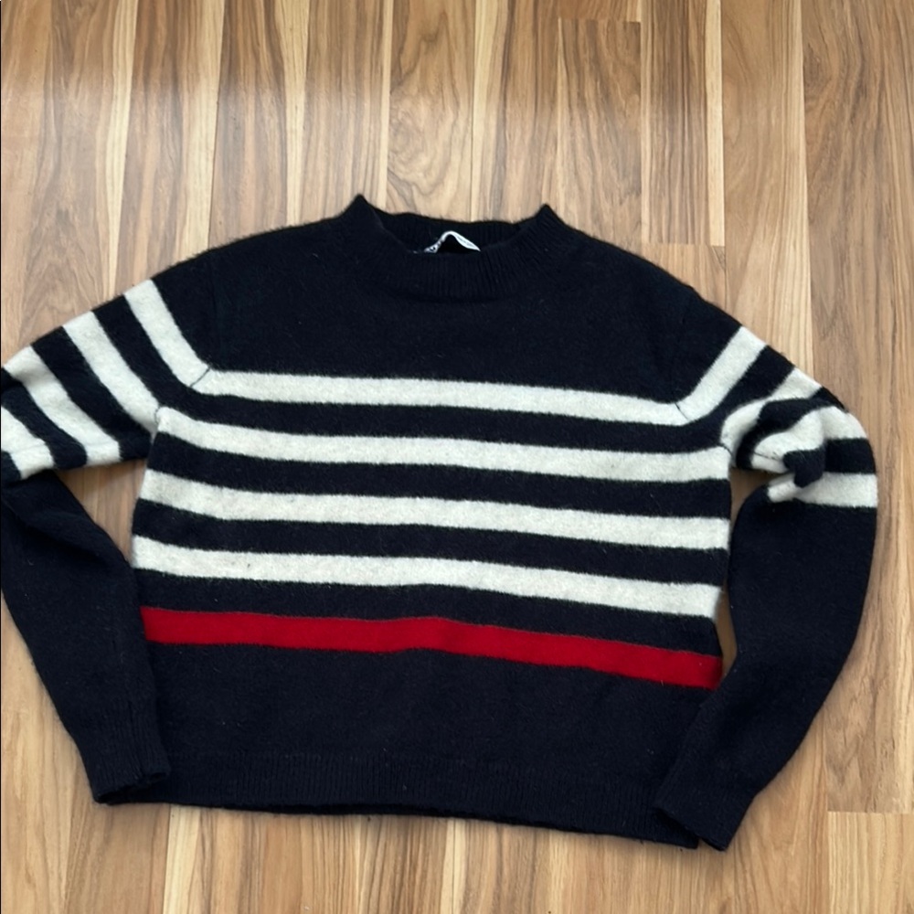 Striped Black and White Sweater with Red Accent